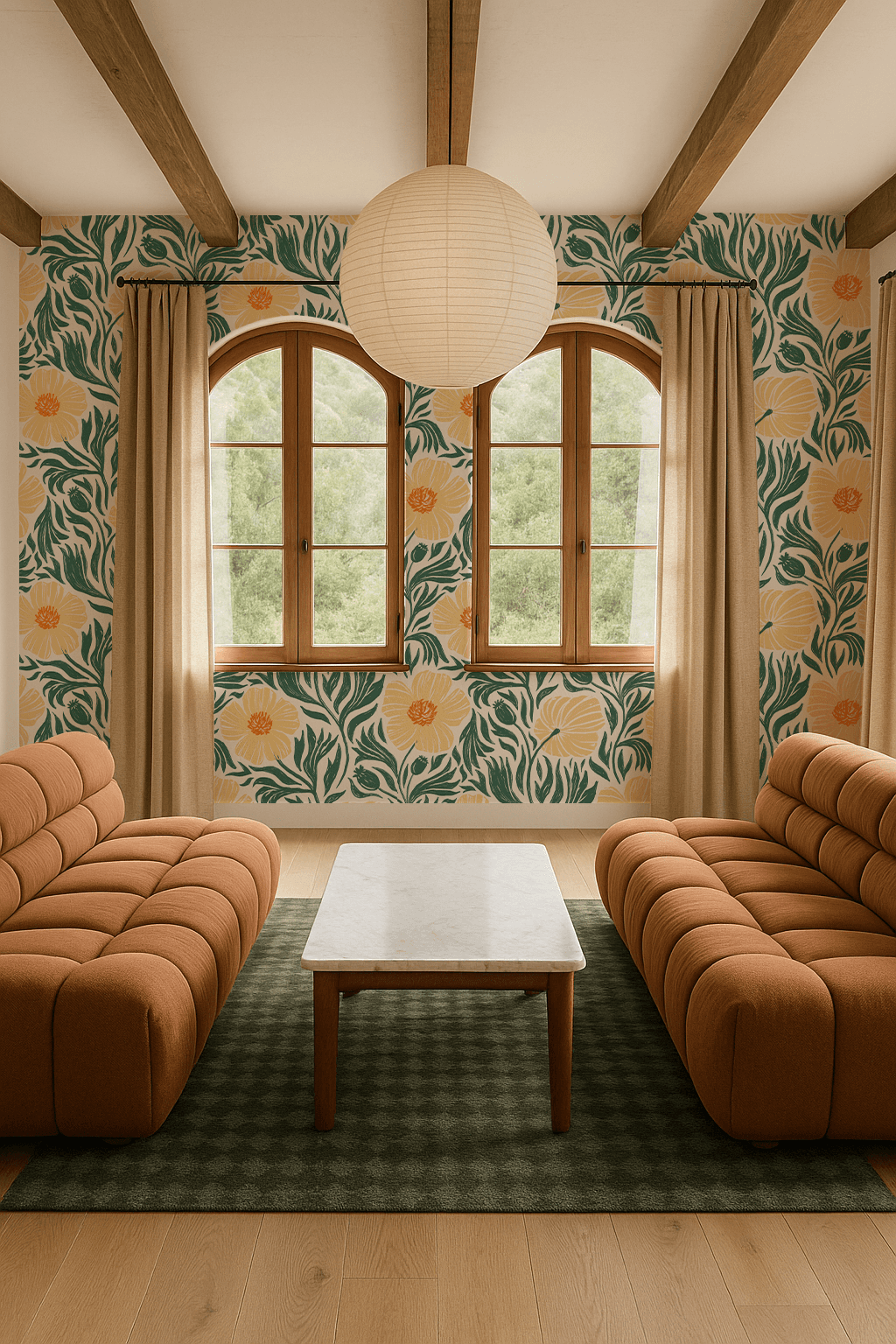 Matilija Wallpaper, white, teal and peach