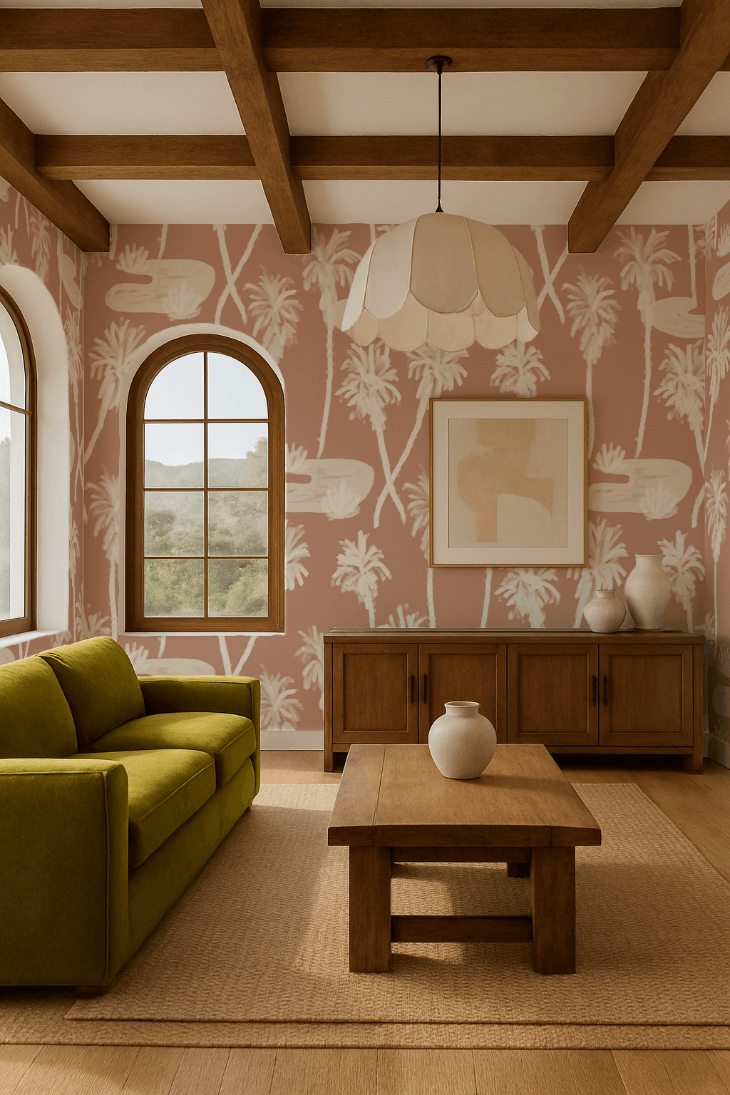 Palm Oasis Wallpaper, terra cotta and white