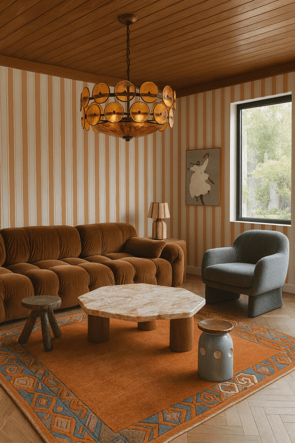 Riviera Stripe Wallpaper, off-white and orange creamsicle