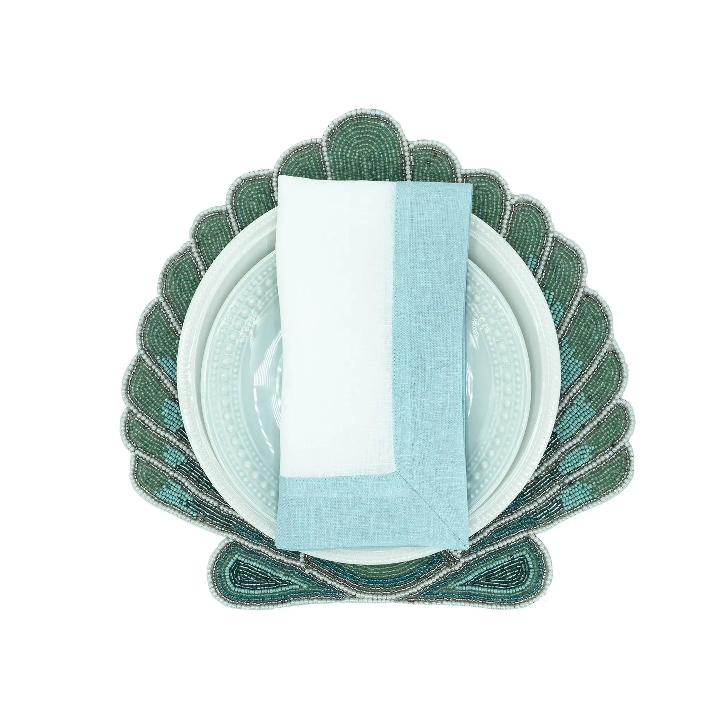Mint Linen Napkins with Green Double-Sided Borders, Set of 4 / ChouChou Touch