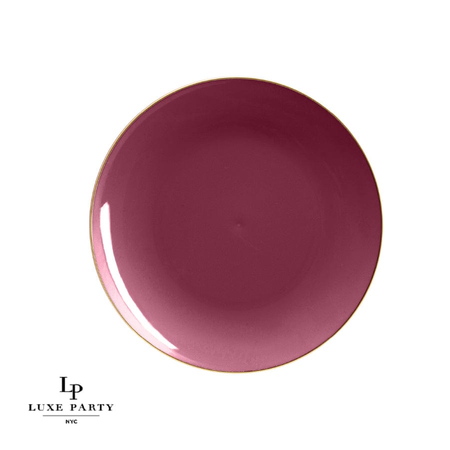 Round Cranberry Red and Gold Plastic Plates | 10 Pack