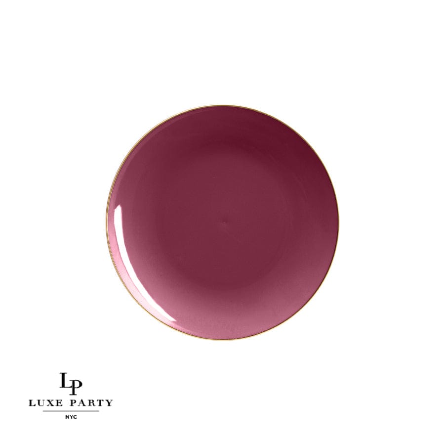 Round Cranberry Red and Gold Plastic Plates | 10 Pack