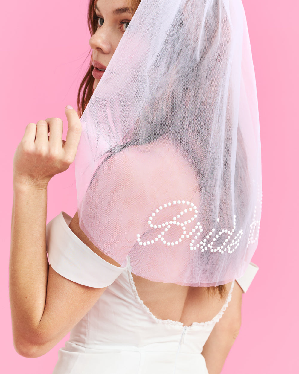 Bride To Be Pearl Veil - white tulle veil + pearl logo