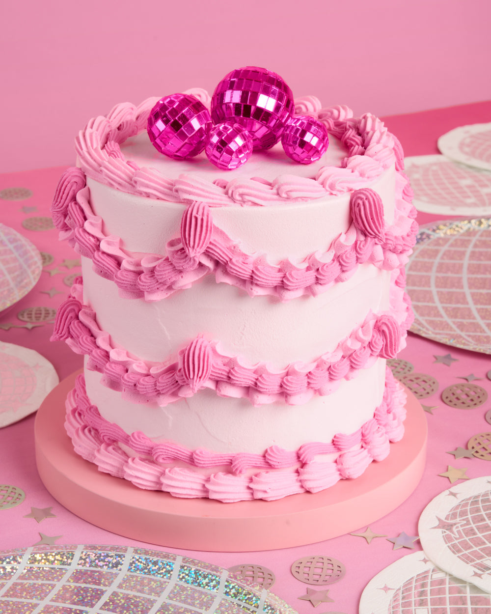 Pink Disco Topper - 4 disco ball cake toppers