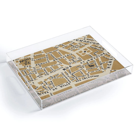 Paris Map Gold Acrylic Tray - Medium w/Handles
