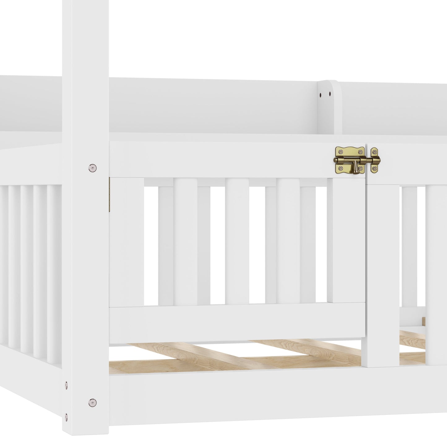 Full Size Canopy Bed with Guardrails, Solid Wood Floor Bed with Shelves, Montessori Floor Bed Frame for Kids, Boys, Girls, No Spring Box Needed, White