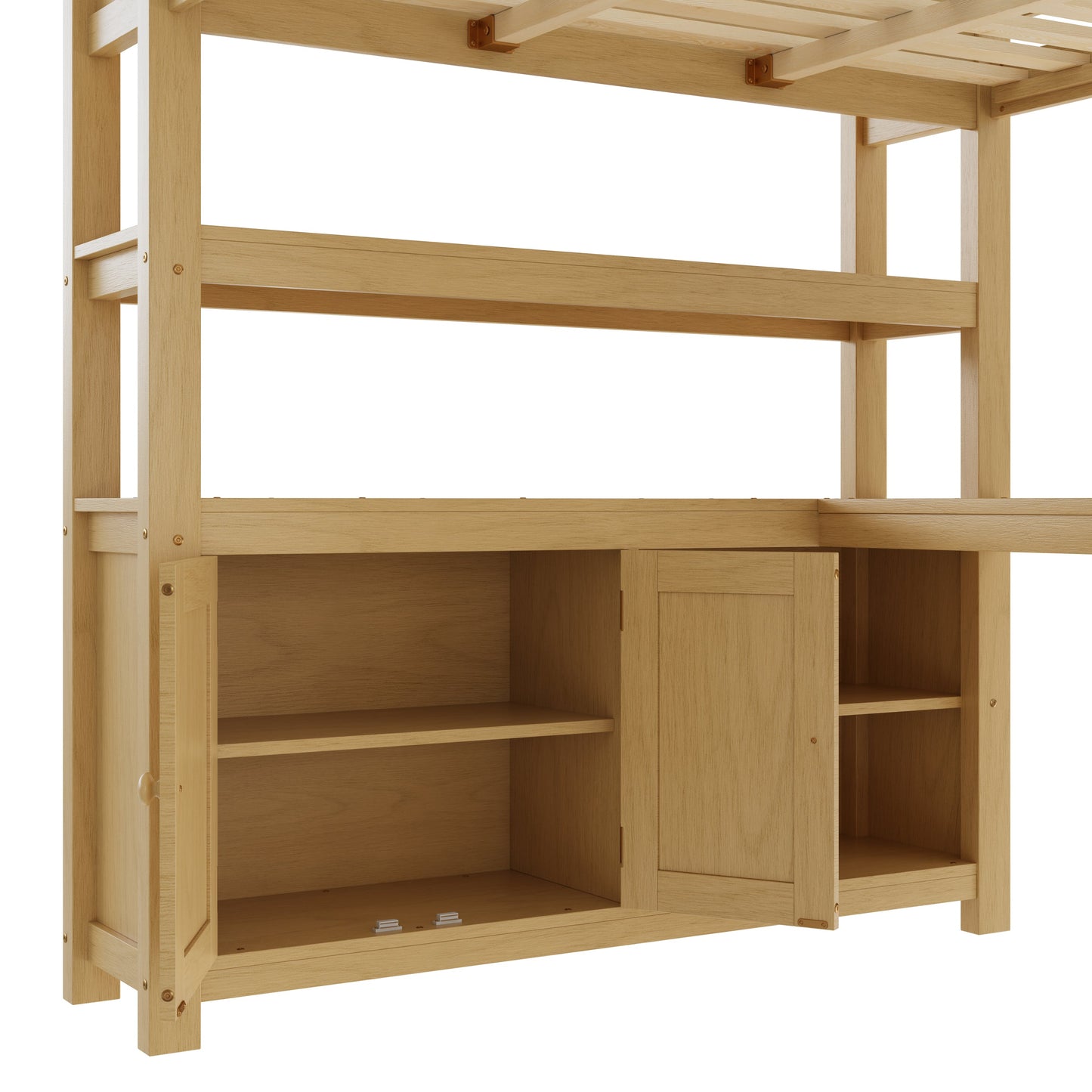 Wood Loft Bed with Cabinet and Bookshelf, Queen Size Loft with Wardrobe and Desk for Kids,Natural
