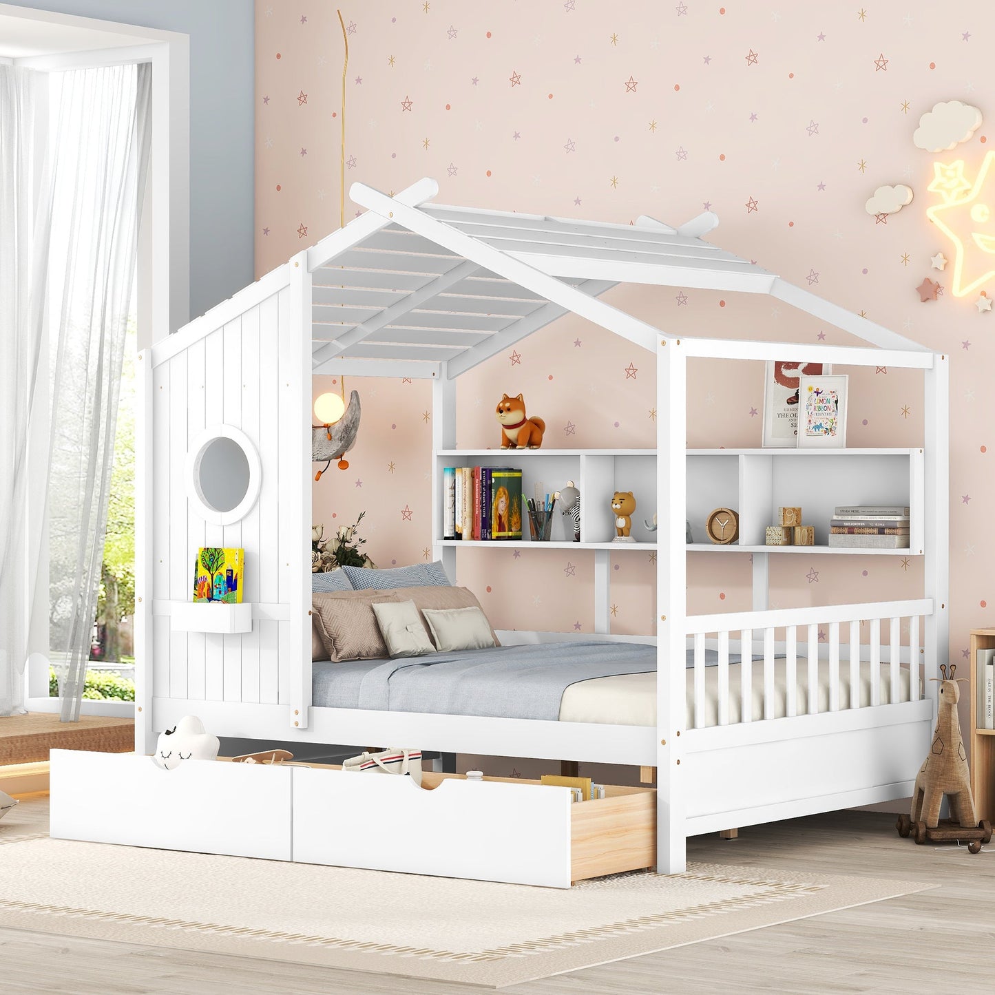 Wooden Full Size House Bed with 2 Drawers,Kids Bed with Storage Shelf, White(Old SKU: HL000052AAK)