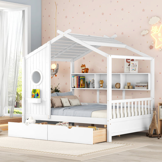 Wooden Full Size House Bed with 2 Drawers,Kids Bed with Storage Shelf, White(Old SKU: HL000052AAK)