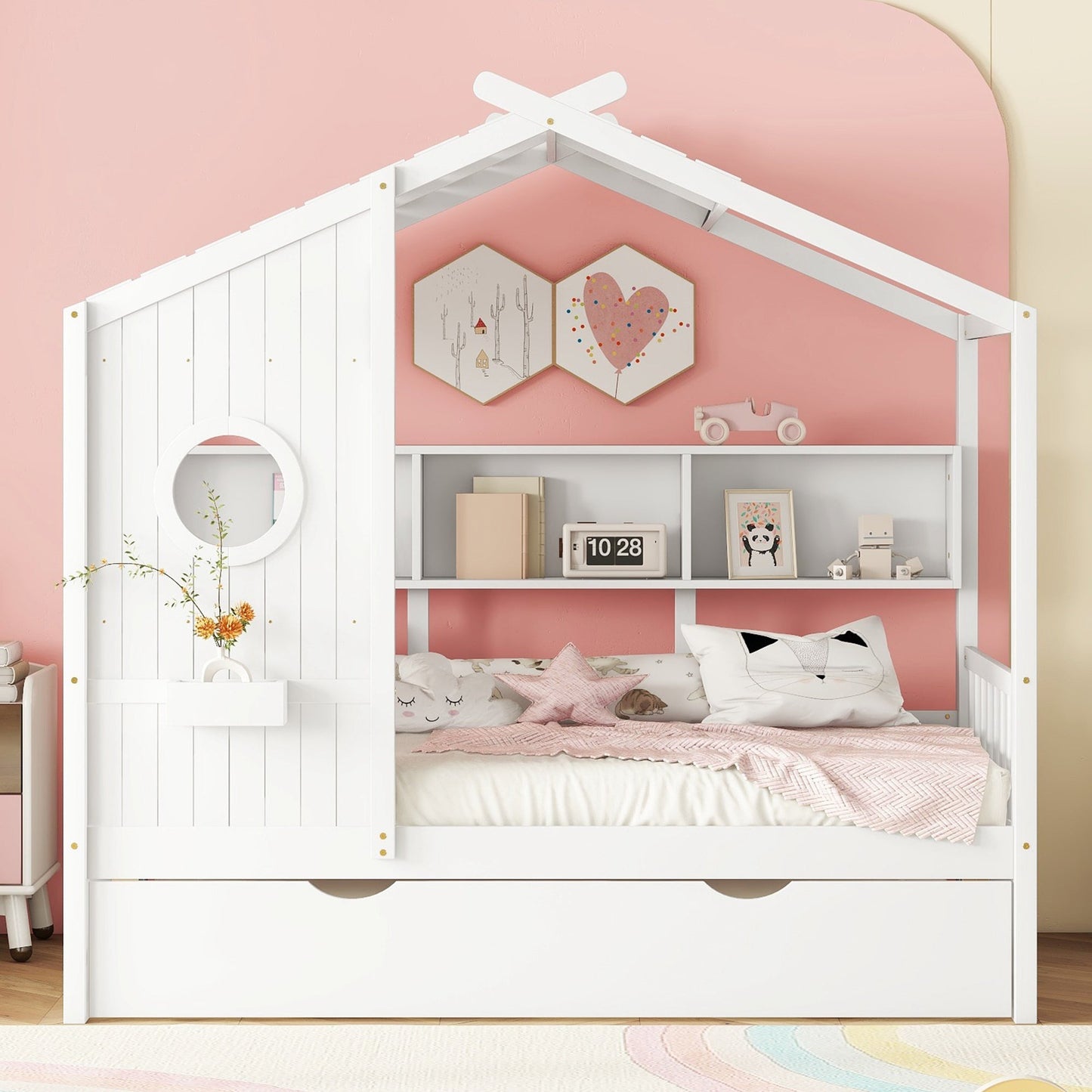 Wooden Twin Size House Bed With Trundle, Modern Design for Kids with Storage Shlef, White(old SKU HL000094AAK)