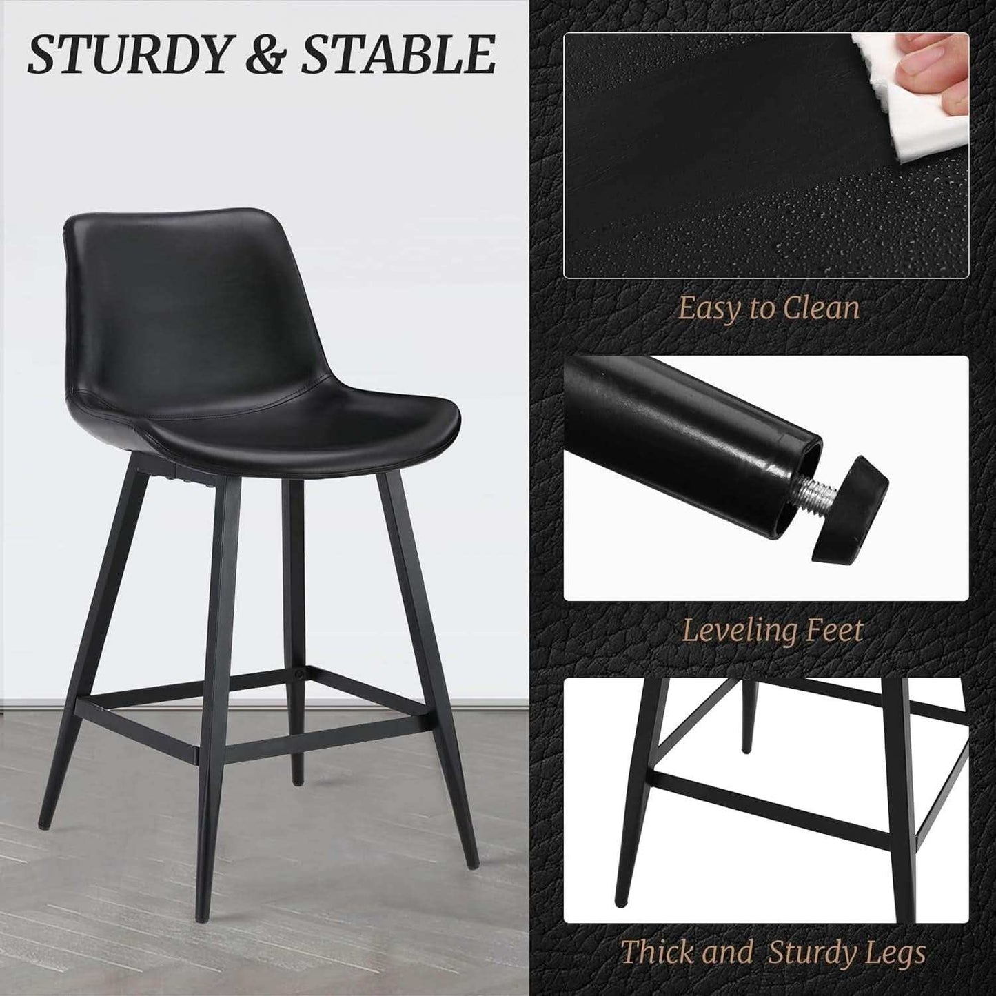 24 Inch Modern Bucket Bar Stool Set Of 3 With Back And Footrest In Faux Leather Black