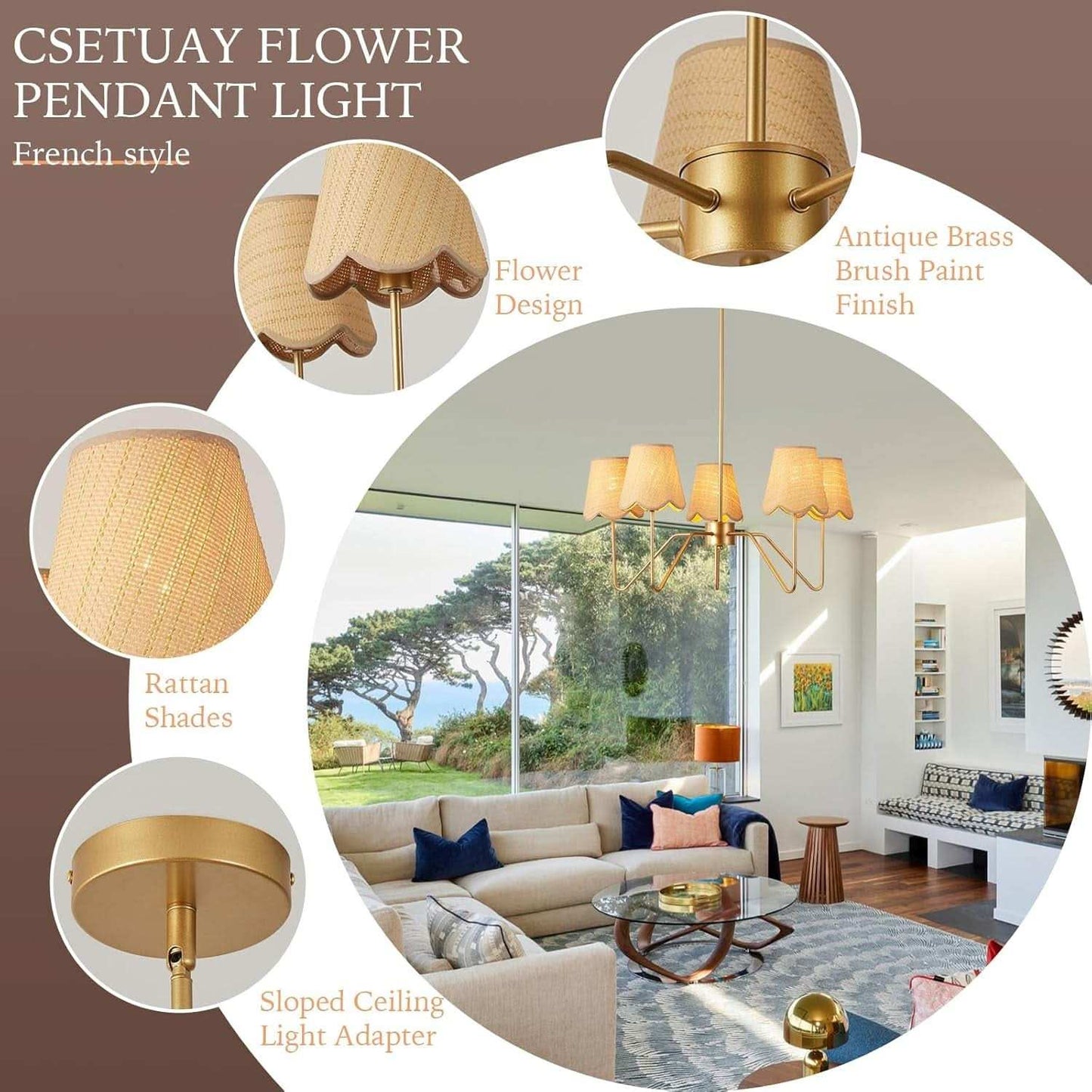 28 Inch Rattan Chandelier Antique Brass Five Light Pendant With Flower Shade Lamps