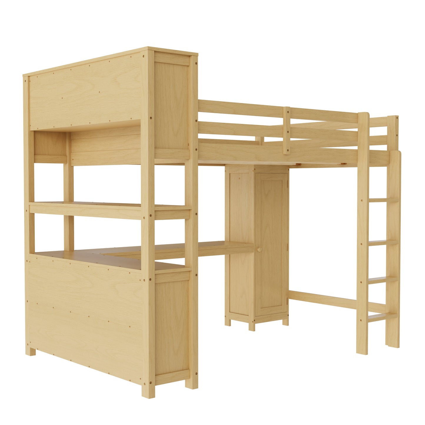 Wood Loft Bed with Cabinet and Bookshelf, Queen Size Loft with Wardrobe and Desk for Kids,Natural