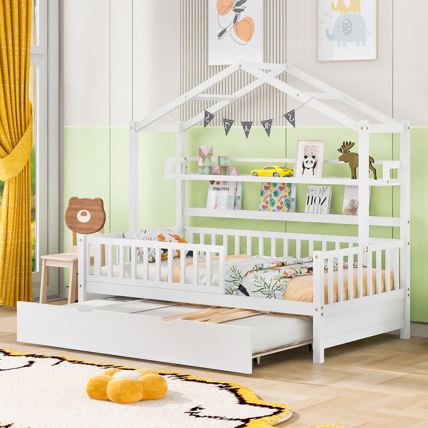 Wooden Twin Size House Bed with Trundle,Kids Bed with Shelf, White(Old SKU:WF301682AAK)