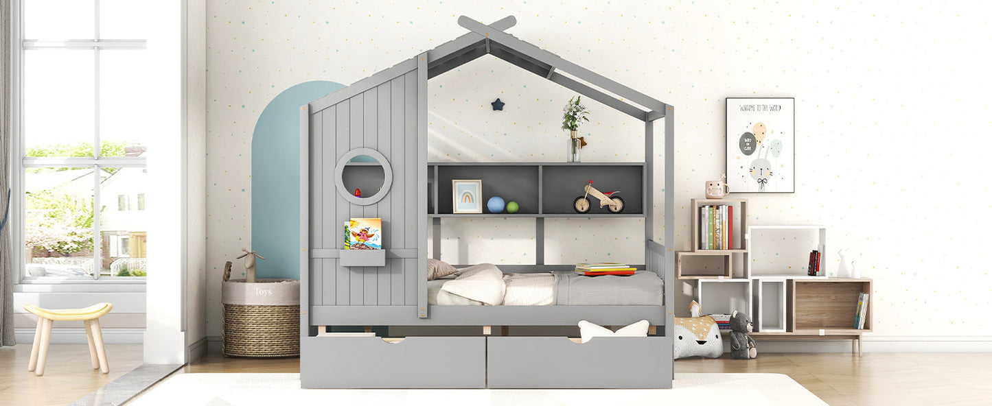 Wooden Full Size House Bed with 2 Drawers,Kids Bed with Storage Shelf, Gray(Old SKU: HL000052AAE)