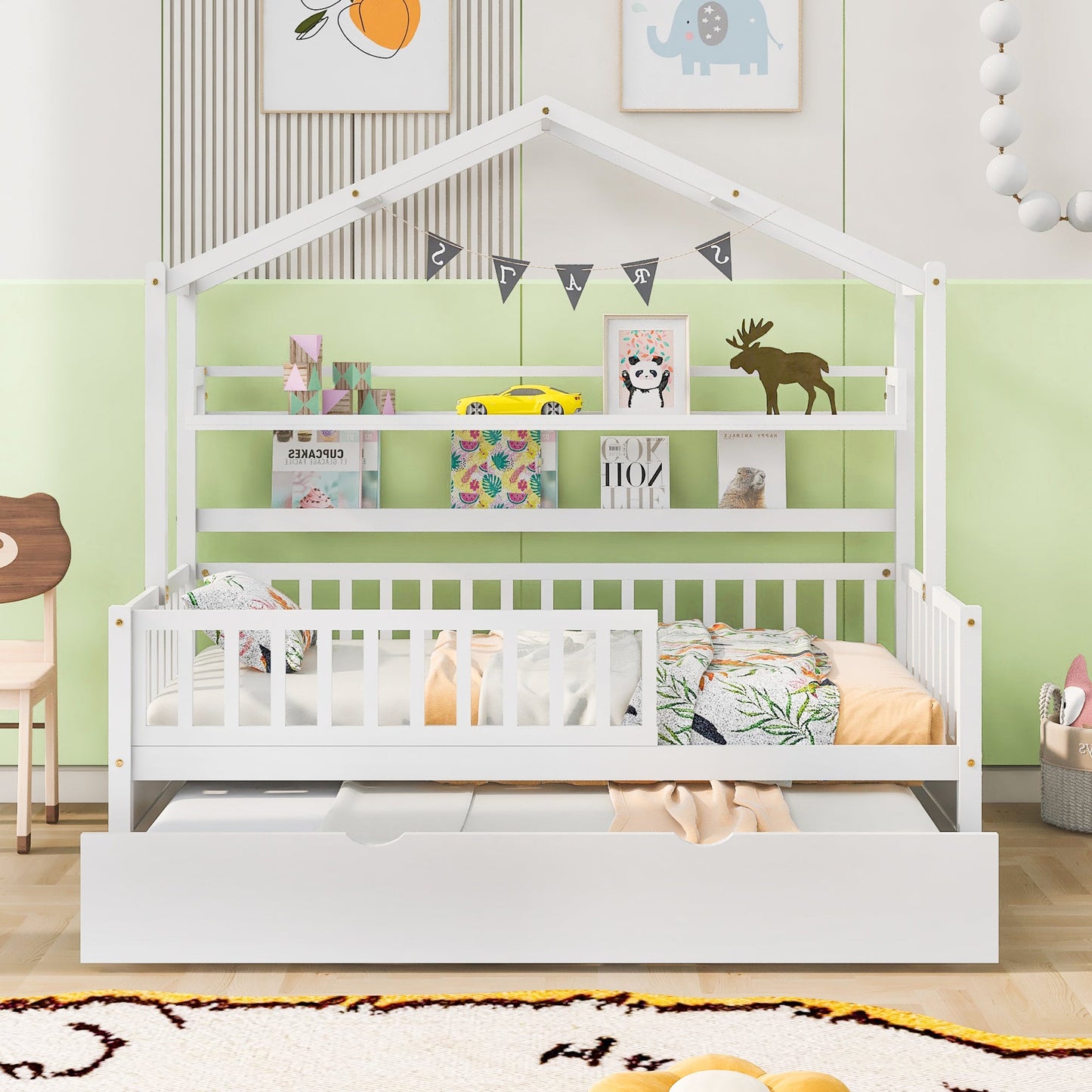 Wooden Twin Size House Bed with Trundle,Kids Bed with Shelf, White(Old SKU:WF301682AAK)