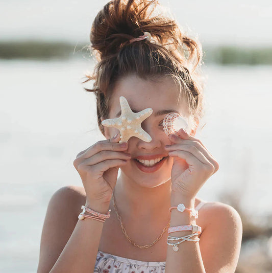 "Shimmer" Coral with Shell Hair Tie Bracelets