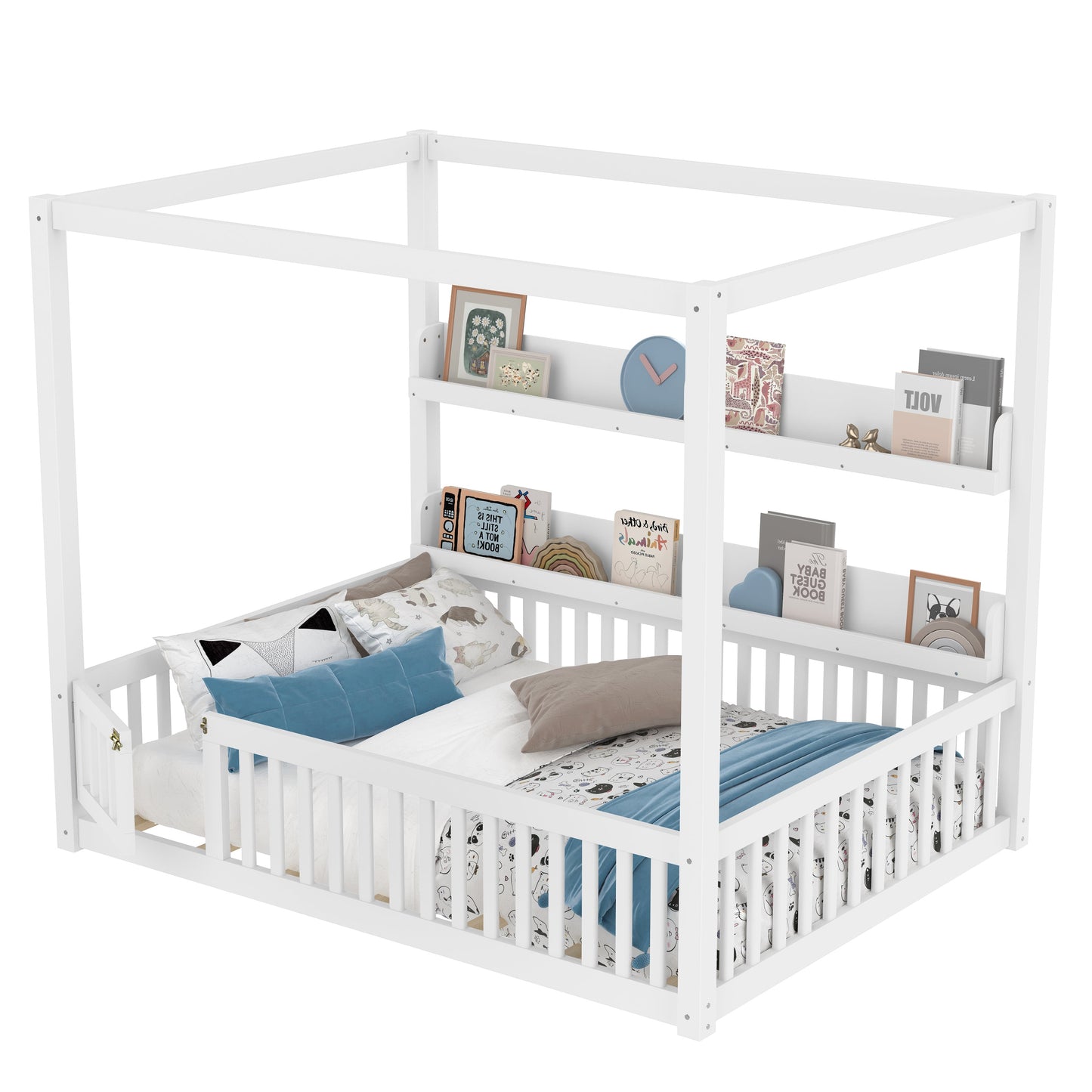 Full Size Canopy Bed with Guardrails, Solid Wood Floor Bed with Shelves, Montessori Floor Bed Frame for Kids, Boys, Girls, No Spring Box Needed, White