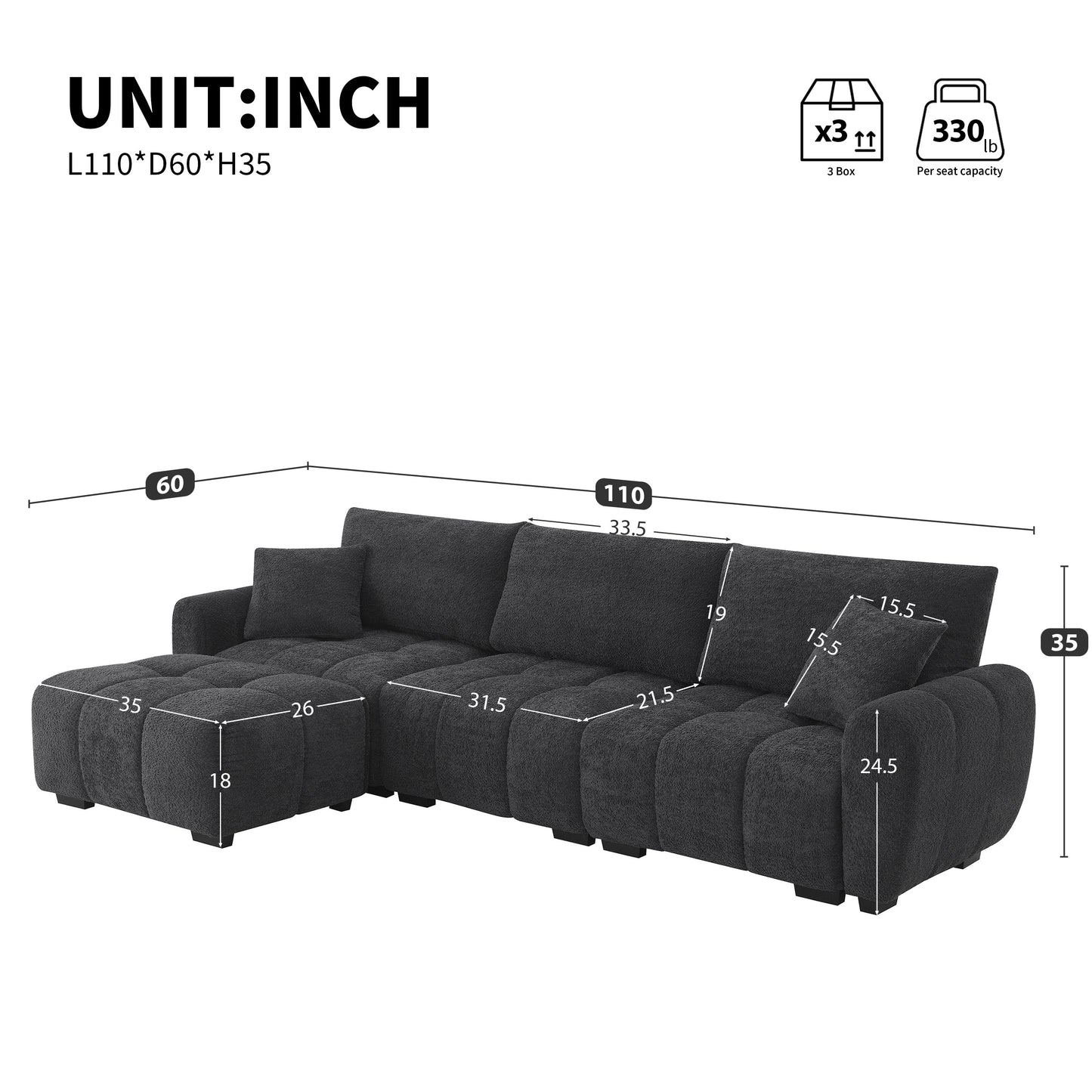 110' Modular Sectional Sofa, L Shape with Extra-large Seat, Pull-line Design, Movable Ottoman, High Density Foam, Free Combination, Sturdy Metal&Wood Frame, Boucle Fabric, 3 Colors