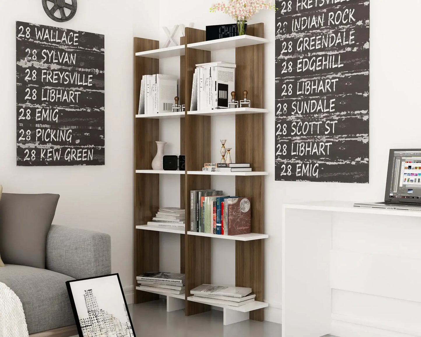 Alice 67” Corner Bookcase – 5-Tier Narrow L-Shaped Wall-Mounted Corner Bookshelf