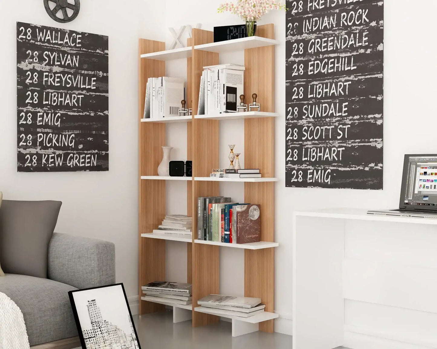 Alice 67” Corner Bookcase – 5-Tier Narrow L-Shaped Wall-Mounted Corner Bookshelf