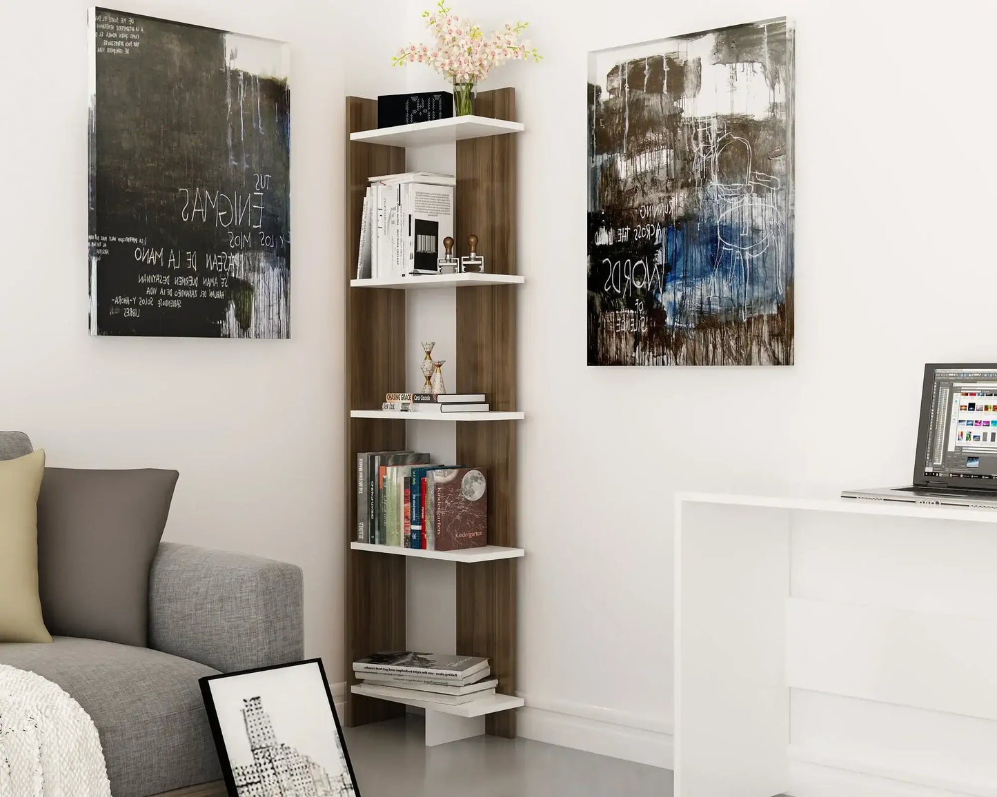 Alice 67” Corner Bookcase – 5-Tier Narrow L-Shaped Wall-Mounted Corner Bookshelf