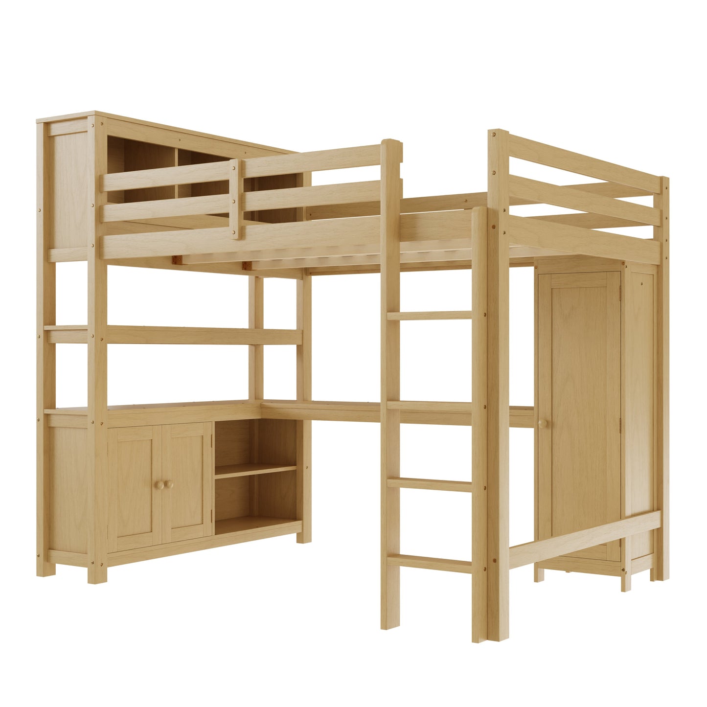 Wood Loft Bed with Cabinet and Bookshelf, Queen Size Loft with Wardrobe and Desk for Kids,Natural