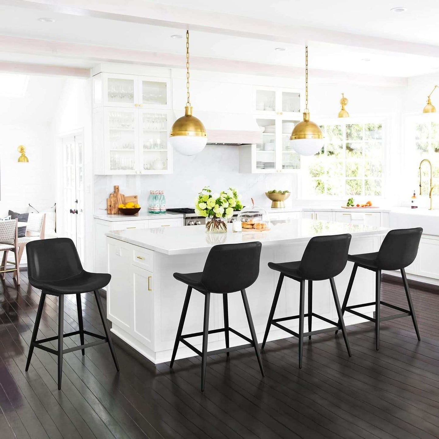 24 Inch Modern Bucket Bar Stool Set Of 3 With Back And Footrest In Faux Leather Black