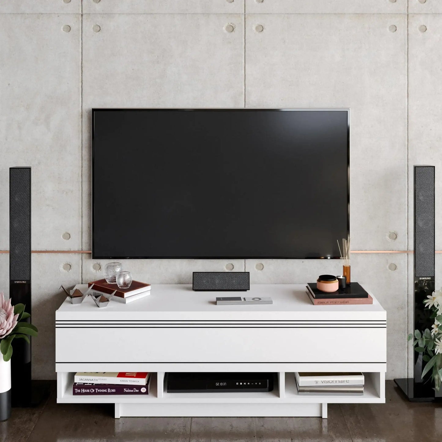Celestia 47" TV Stand and Media Console with Cabinets and Open Shelves