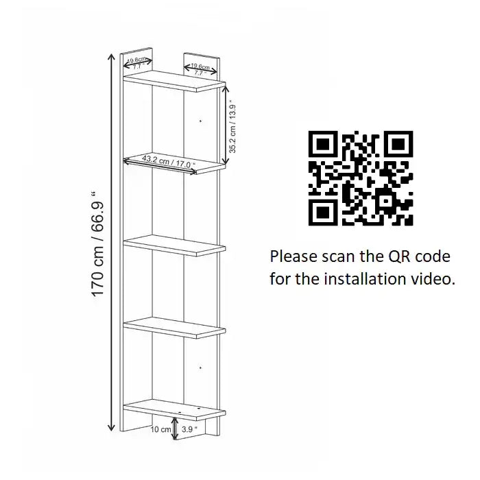 Alice 67” Corner Bookcase – 5-Tier Narrow L-Shaped Wall-Mounted Corner Bookshelf