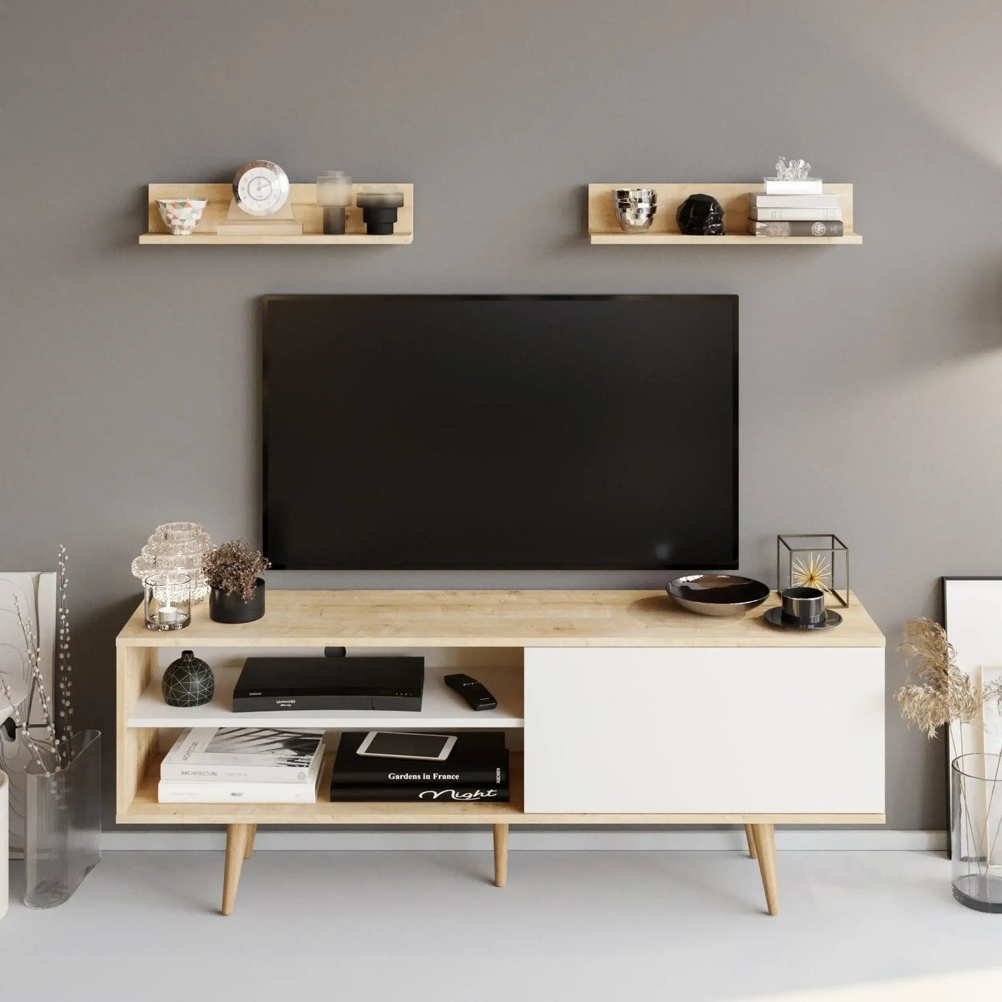 Pi 63" Wide TV Stand with Wall Shelves for TVs up to 72"