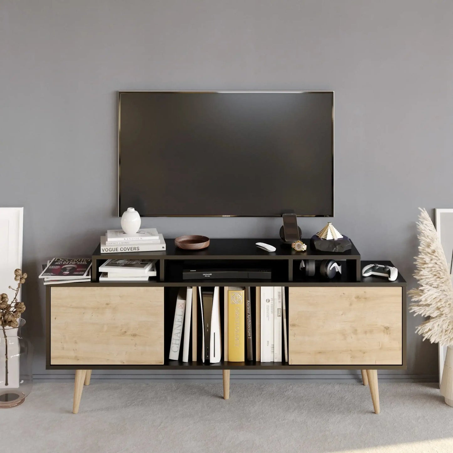 Char 63" TV Stand and Media Console with Cabinets and Shelves for TVs up to 72"
