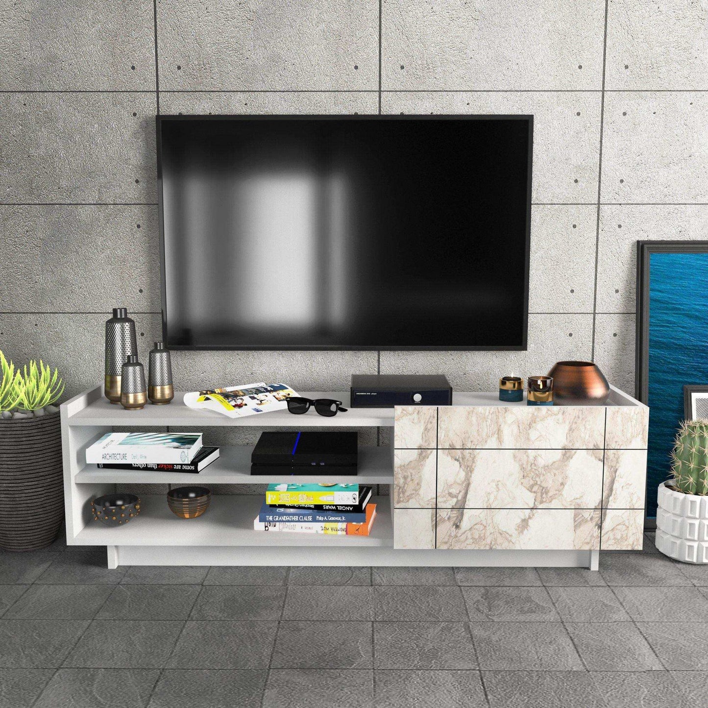 Valantina 55” Wide TV Stand & Media Console with A Cabinet & Shelves for TVs up to 63"