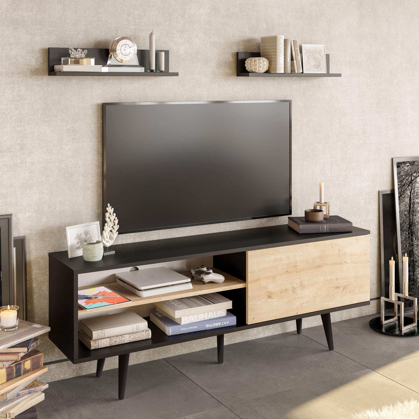 Pi 63" Wide TV Stand with Wall Shelves for TVs up to 72"