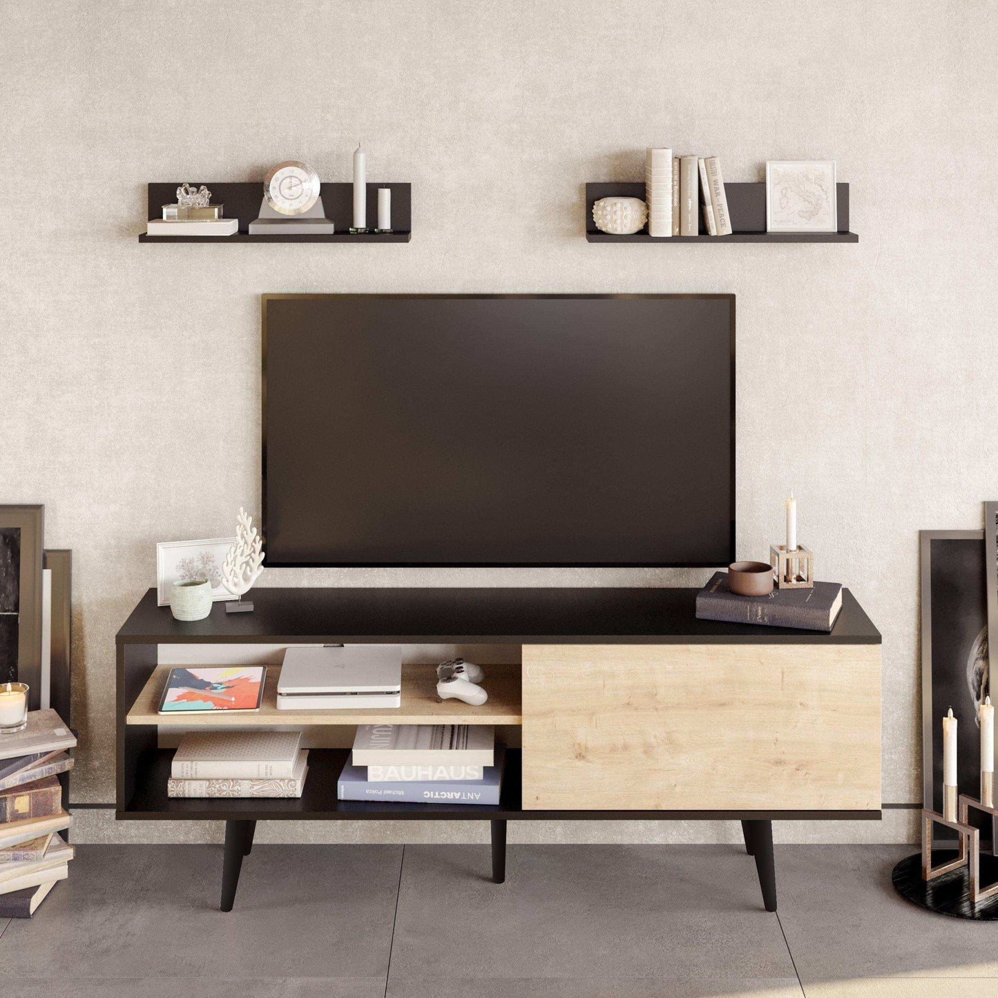 Pi 63" Wide TV Stand with Wall Shelves for TVs up to 72"