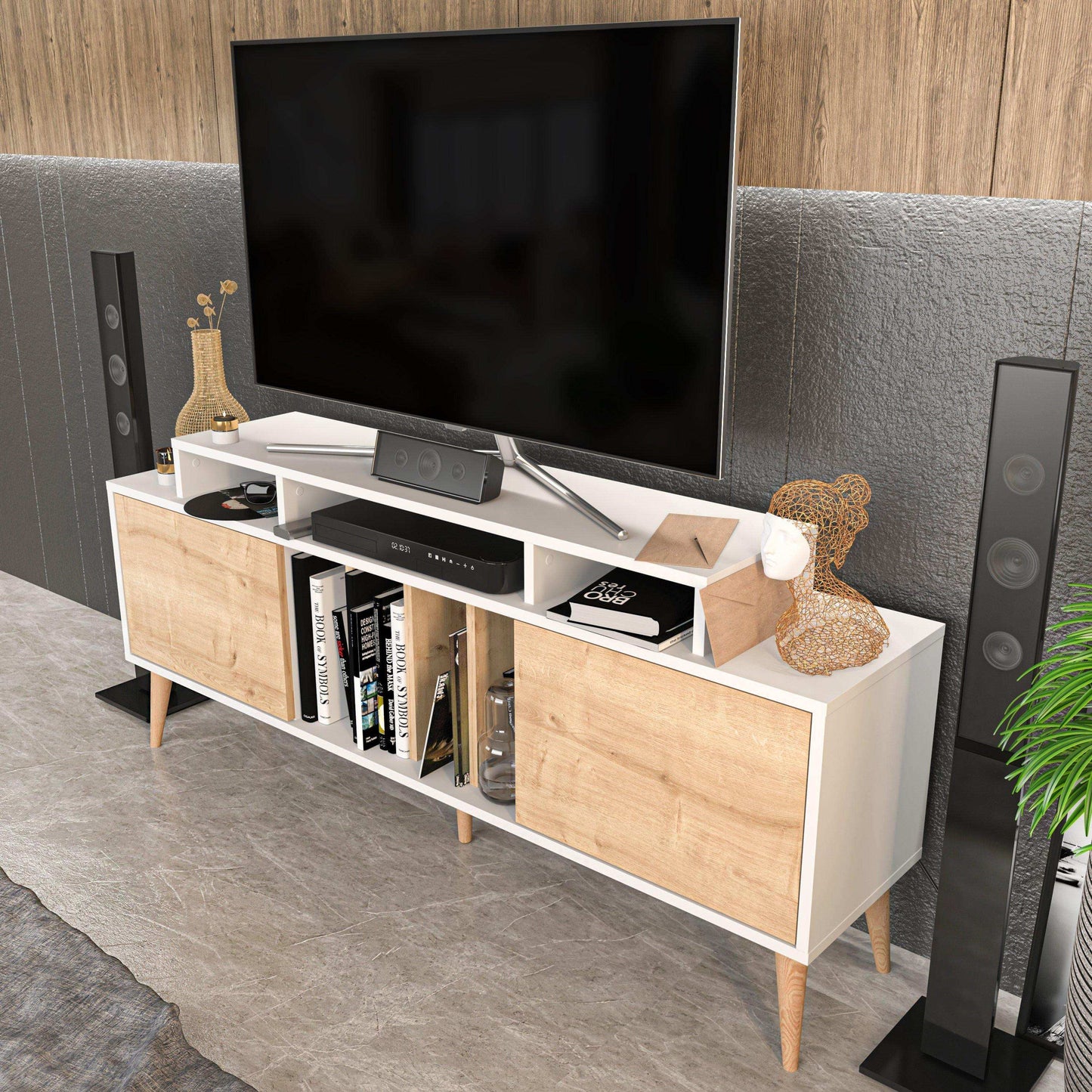Char 63" TV Stand and Media Console with Cabinets and Shelves for TVs up to 72"