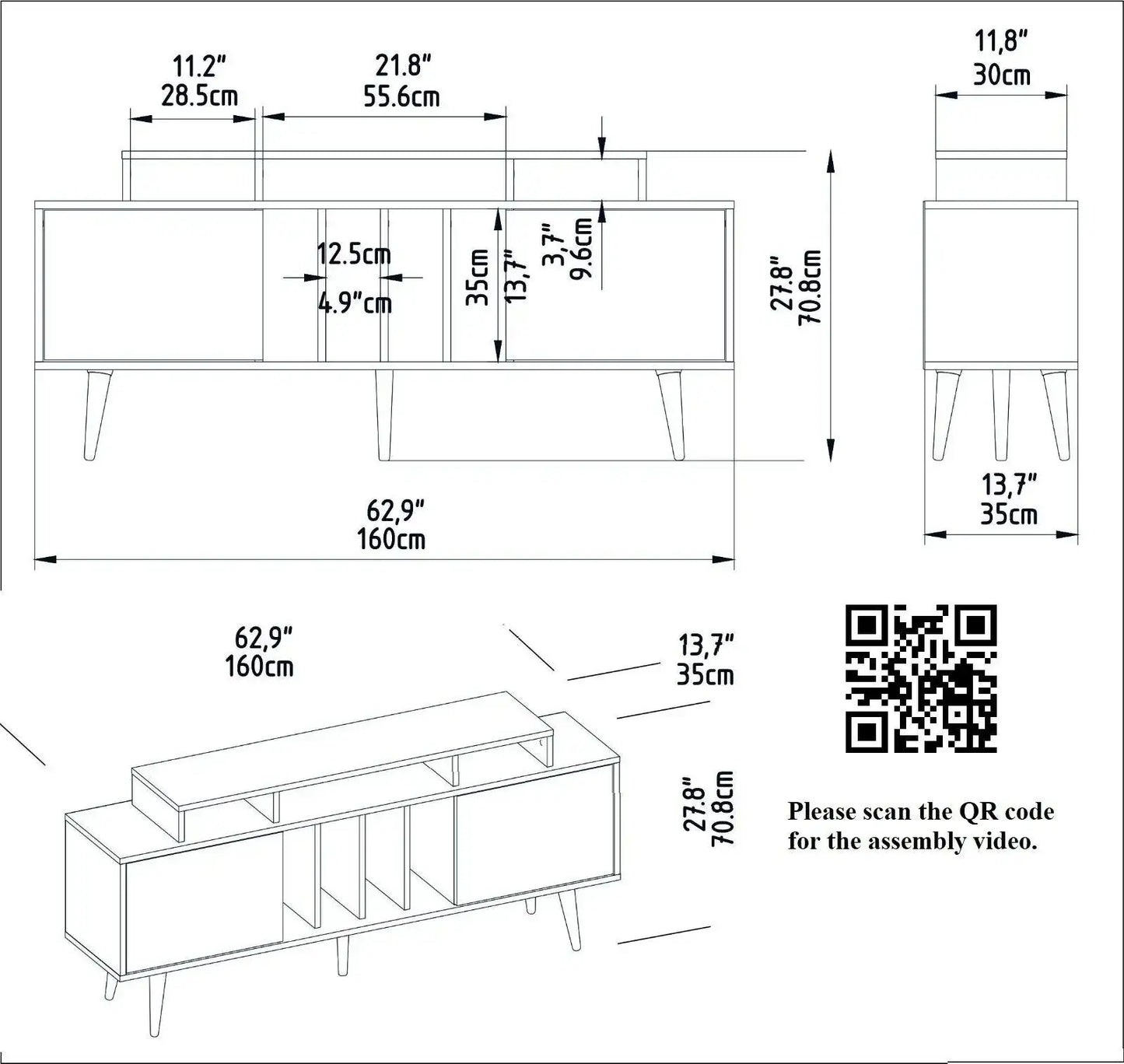 Char 63" TV Stand and Media Console with Cabinets and Shelves for TVs up to 72"