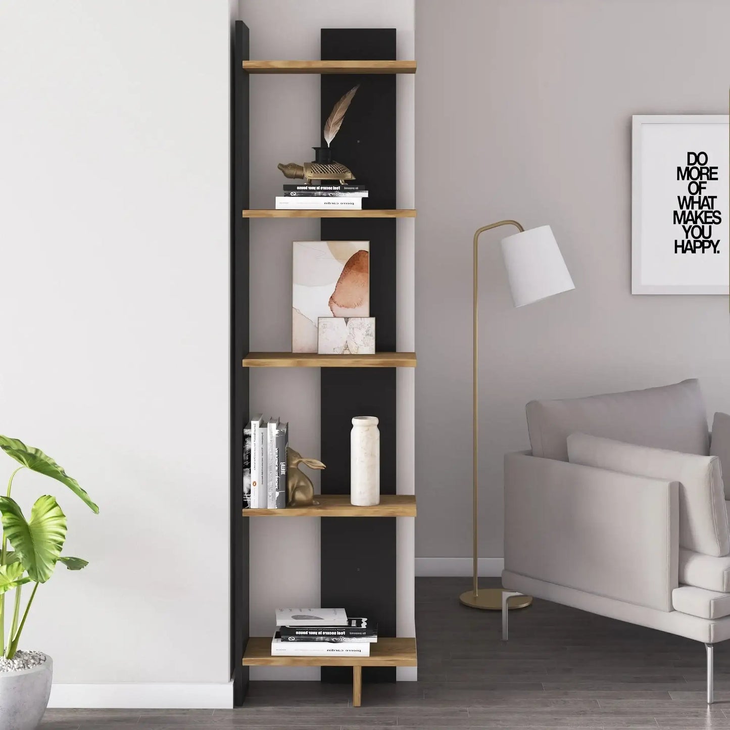 Alice 67” Corner Bookcase – 5-Tier Narrow L-Shaped Wall-Mounted Corner Bookshelf