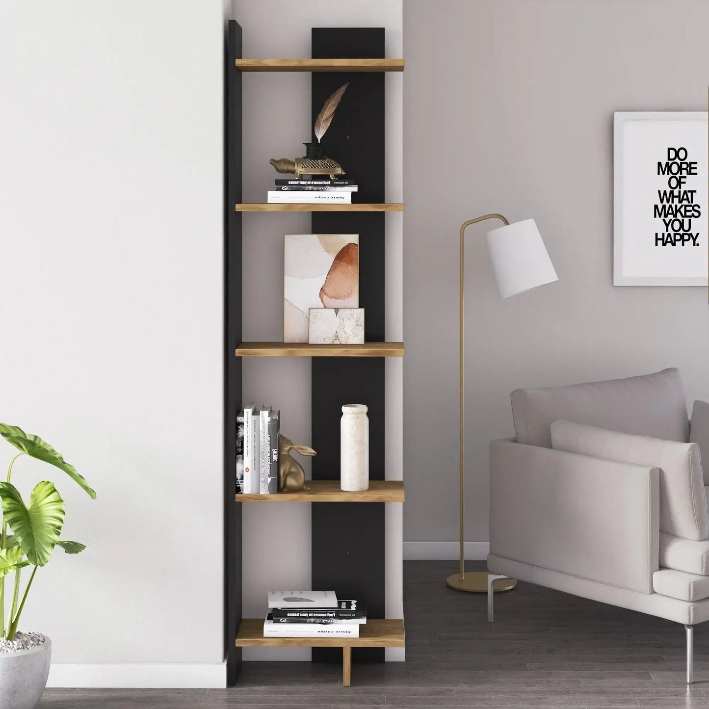 Alice 67” Corner Bookcase – 5-Tier Narrow L-Shaped Wall-Mounted Corner Bookshelf