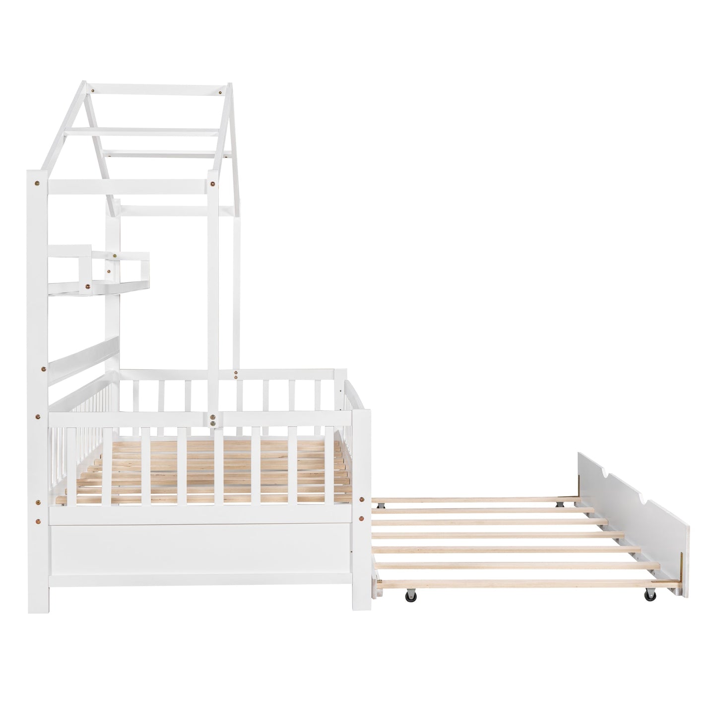 Wooden Twin Size House Bed with Trundle,Kids Bed with Shelf, White(Old SKU:WF301682AAK)