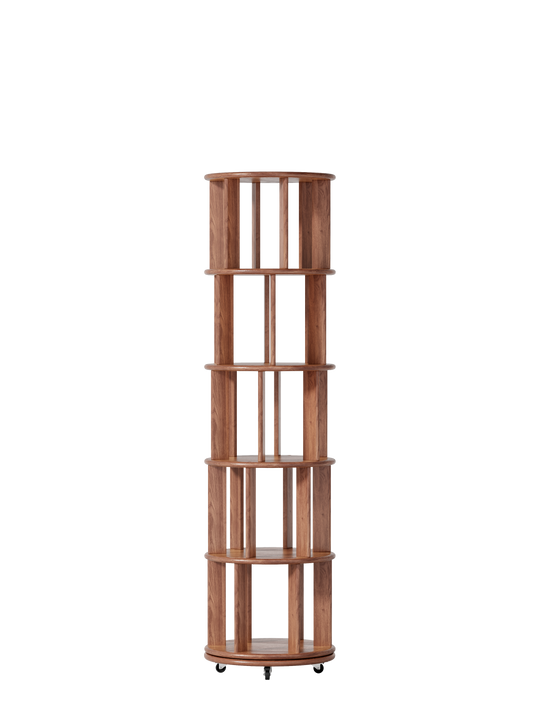 100%Solid Wood Rotating Bookshelf on Wheels,5 Tier, Round Revolving Bookcase, 360° Spinning Book Shelf Tower for Kids, Narrow Rolling Bookshelves for Small Space, Corner, Bedroom, Office, Walnut