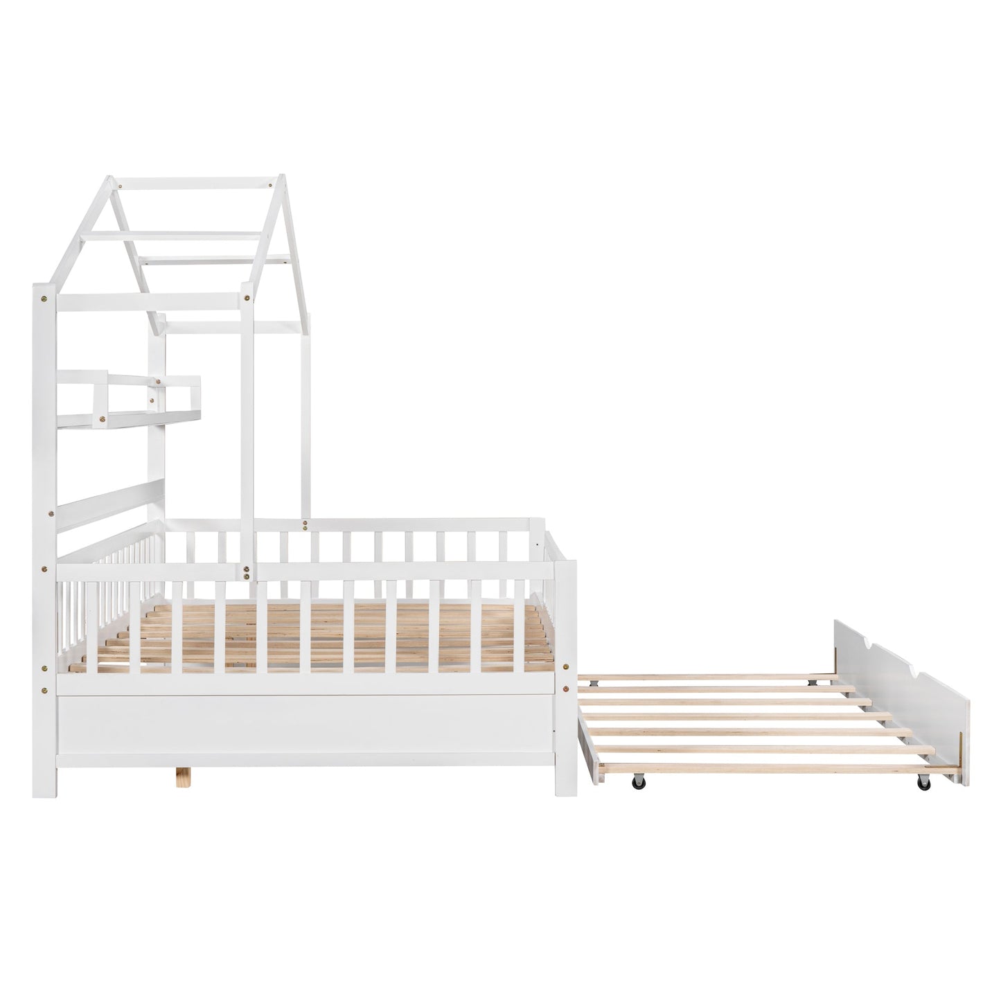 Wooden Full Size House Bed with Twin Size Trundle,Kids Bed with Shelf, White(Old SKU:WF301683AAK)