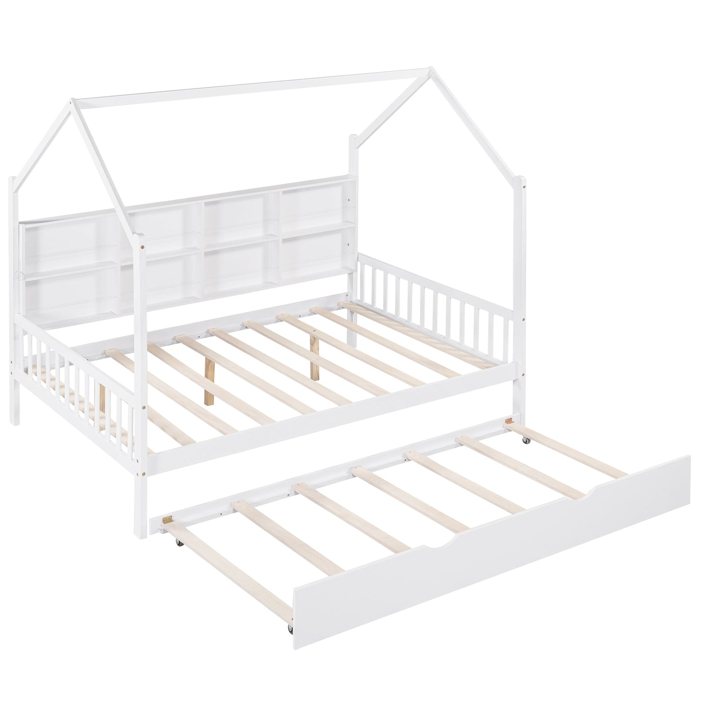 Wooden Full Size House Bed with Trundle,Kids Bed with Shelf, White (Old SKU: WF297070AAK)