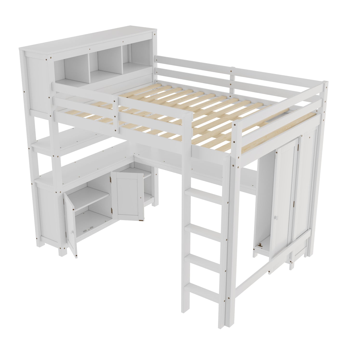 Wood Loft Bed with Cabinet and Bookshelf, Queen Size Loft with Wardrobe and Desk for Kids,White
