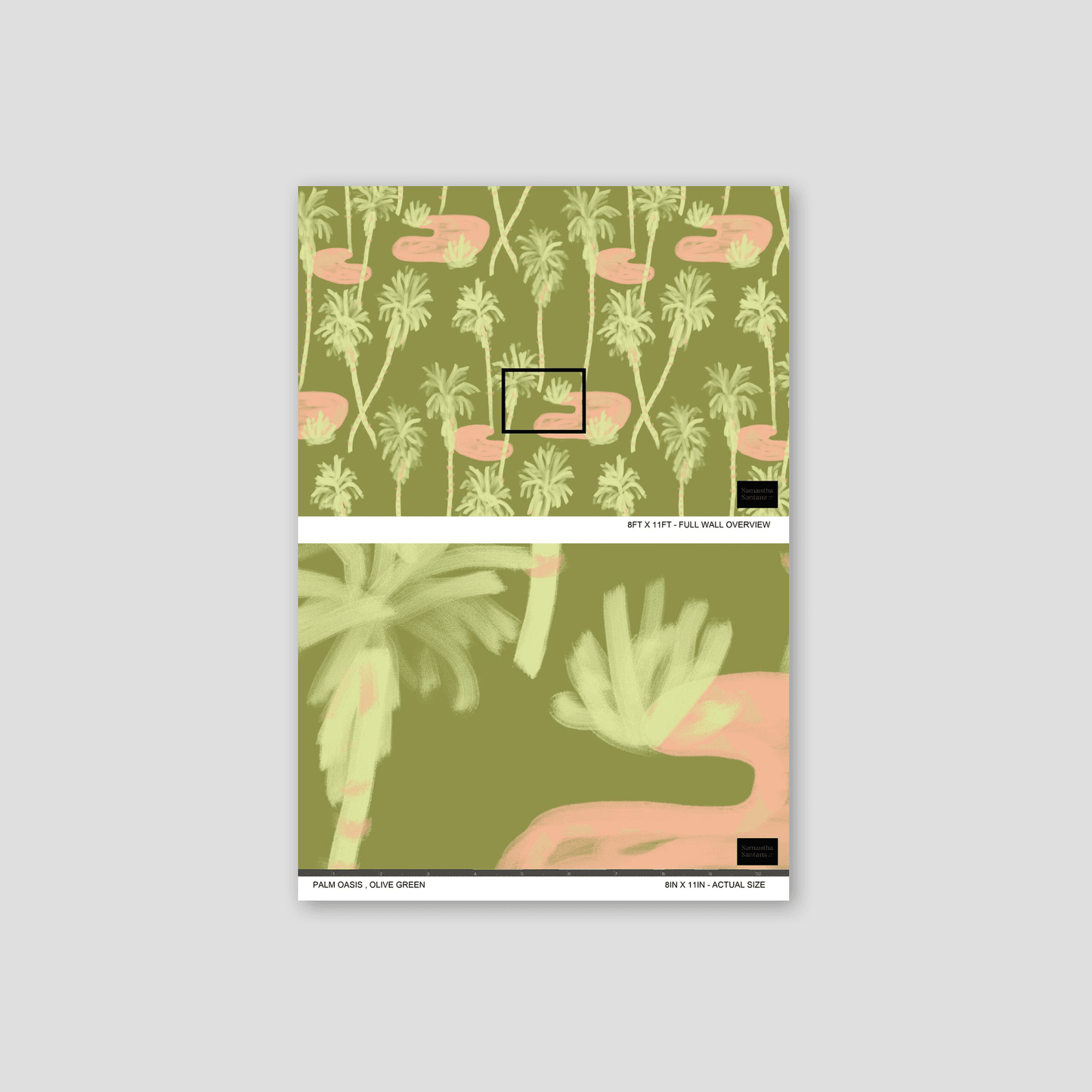 Palm Oasis Wallpaper, olive green and coral