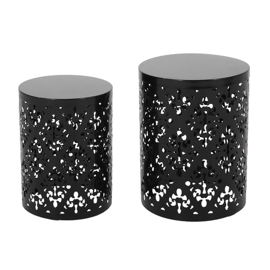 Modern Metal End Table Set of 2 with Iron Cut Design in Black