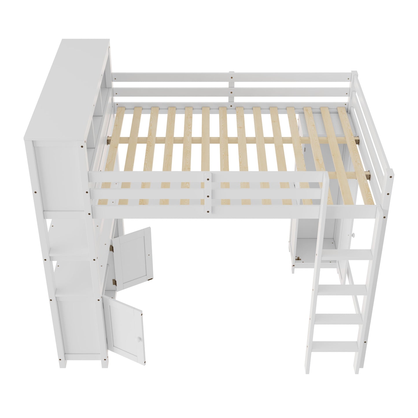 Wood Loft Bed with Cabinet and Bookshelf, Queen Size Loft with Wardrobe and Desk for Kids,White