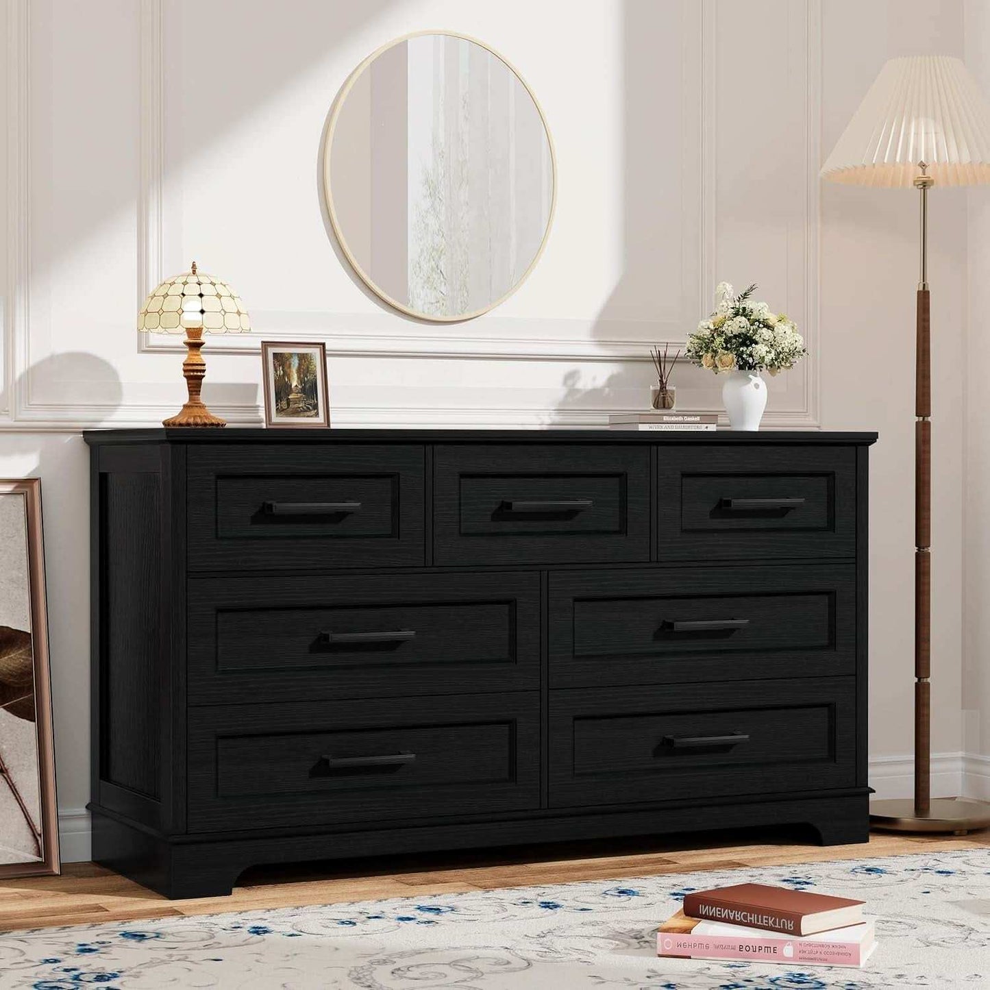 Seven Drawer Dresser For Bedroom Black Finish Storage