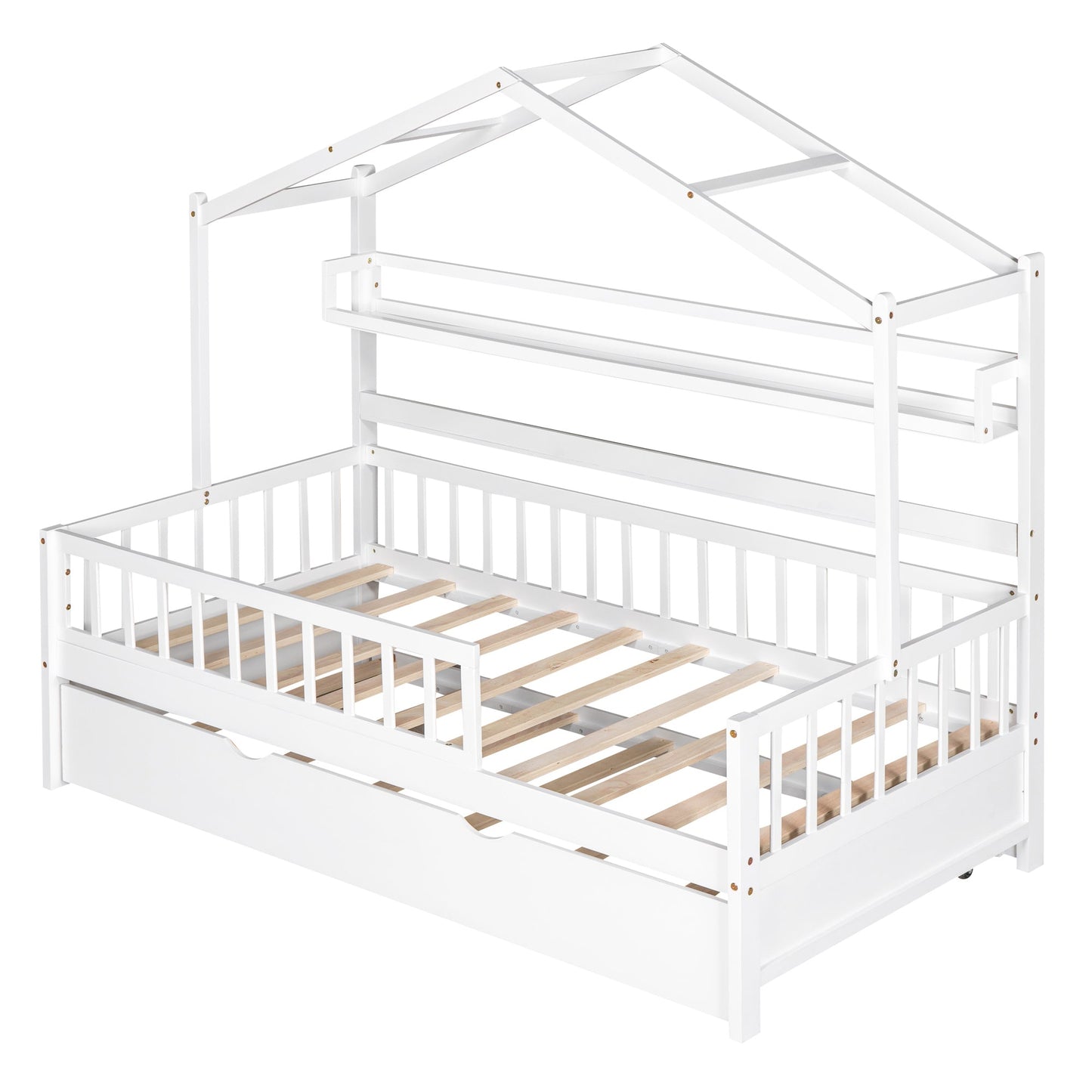 Wooden Twin Size House Bed with Trundle,Kids Bed with Shelf, White(Old SKU:WF301682AAK)