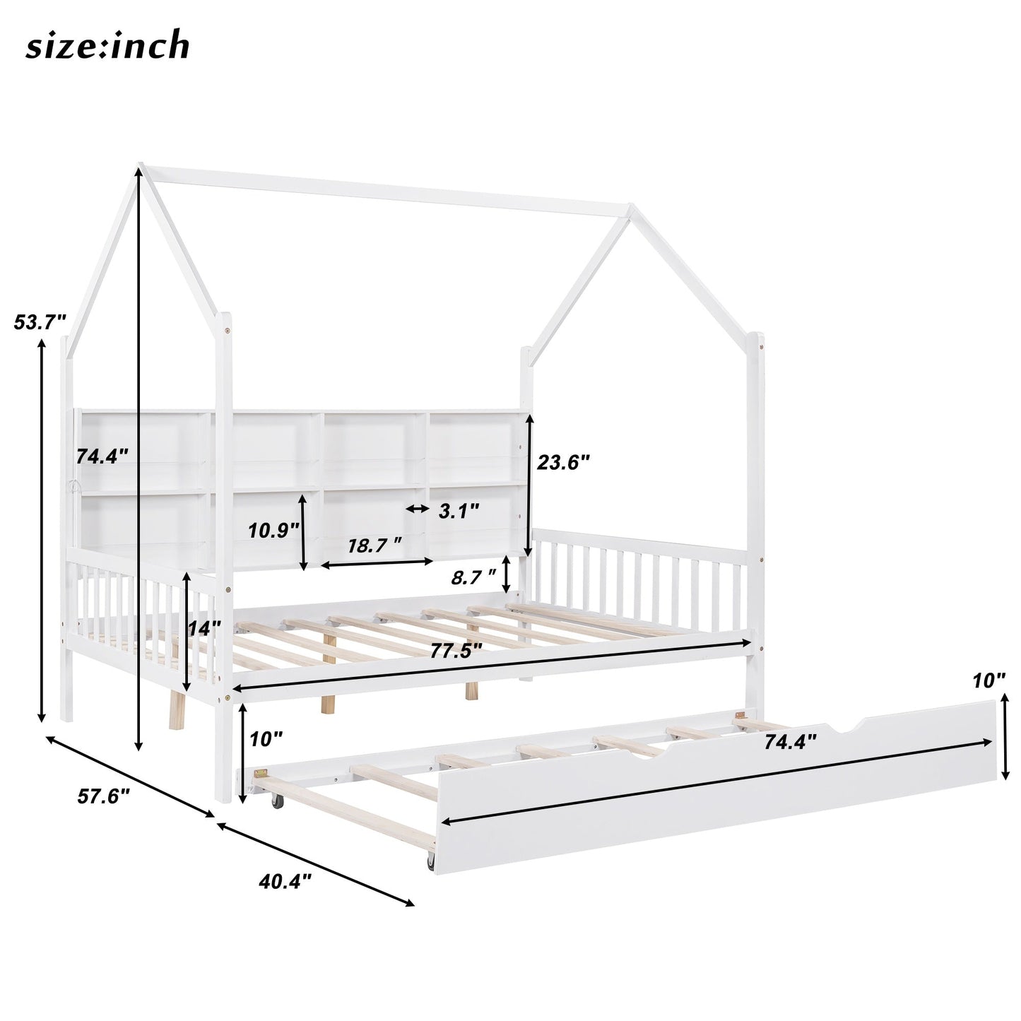 Wooden Full Size House Bed with Trundle,Kids Bed with Shelf, White (Old SKU: WF297070AAK)